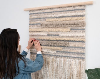 XXL Handmade Fiber Wall Tapestry | Neutral & Blue Boho Decor