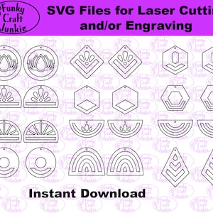 May include: A digital download of 18 SVG files for laser cutting or engraving. The files feature various geometric shapes, including circles, squares, hexagons, and arches, as well as floral and sun-inspired designs. The designs are perfect for creating earrings, pendants, or other craft projects.