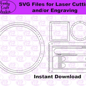 Könnte beinhalten: Schwarz-weiße SVG-Dateien zum Laserschneiden und Gravieren. Das Bild zeigt ein kreisförmiges Design mit gleichmäßig verteilten Löchern, sowie quadratische und kreisförmige Rahmen und ein rechteckiges Design mit Schlitzen. Der Text enthält "SVG Files for Laser Cutting and/or Engraving" und "Instant Download."