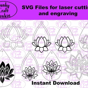 May include: SVG files for laser cutting and engraving featuring lotus flower designs in various styles. The designs are in a teardrop shape, with the text "Instant Download" at the bottom. The logo "Funky Craft Junkie" is in the top left corner.