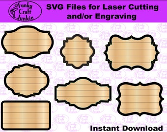 May include: Six different SVG files for laser cutting or engraving. The files feature various frame designs with a wood grain texture and black outlines. The text "SVG Files for Laser Cutting and/or Engraving" is at the top of the image. The text "Instant Download" is at the bottom of the image.