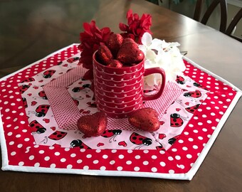 Valentine Lady Bug Hexagon Table Topper