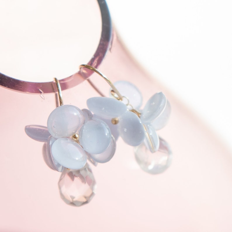 Floral resin earrings with natural quartz crystal, Cute flower earrings with faceted teardrop clear crystal, Blue earrings, Dainty earrings image 4