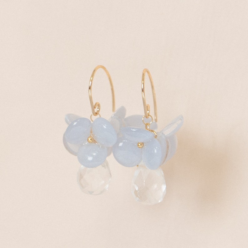 Floral resin earrings with natural quartz crystal, Cute flower earrings with faceted teardrop clear crystal, Blue earrings, Dainty earrings image 5