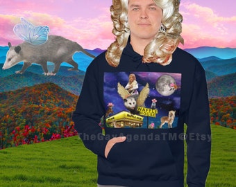 Dolly Parton Riding Over the Mountains on a Winged Possum  Hooded Sweatshirt