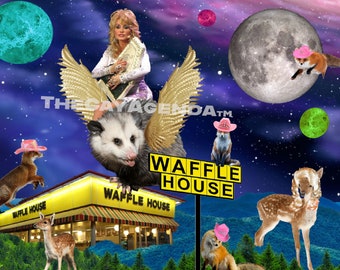 Dolly Parton Riding a Winged Possum over Waffle House Art Print 11x14 inches