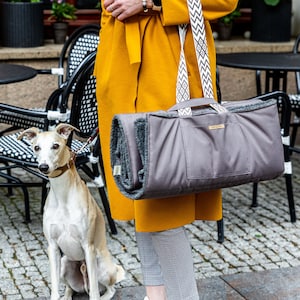 Puede incluir: Una cama de viaje gris para mascotas con un interior de felpa y un asa a juego es llevada por una persona que lleva un abrigo amarillo mostaza. Un perro con collar marrón está sentado con una correa cerca. La cama tiene un bolsillo y una correa estampada.
