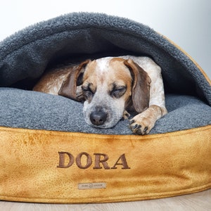 May include: A brown and tan dog bed with a grey fleece lining. The bed has the name "DORA" embroidered on the front. A brown and white dog is sleeping inside the bed.