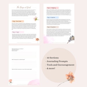 Puede incluir: Una gu&iacute;a imprimible sobre las etapas del duelo con ilustraciones florales de acuarela. La gu&iacute;a incluye indicaciones para el diario, herramientas y aliento. El texto incluye las etapas del duelo: shock y negaci&oacute;n, ira, negociaci&oacute;n, depresi&oacute;n y aceptaci&oacute;n.