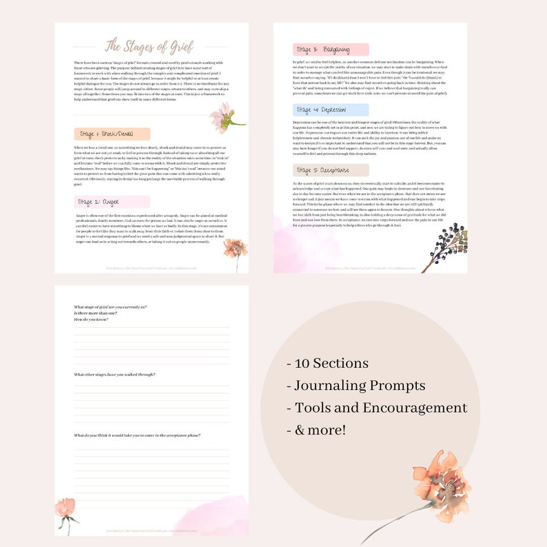 Puede incluir: Una gu&iacute;a imprimible sobre las etapas del duelo con ilustraciones florales de acuarela. La gu&iacute;a incluye indicaciones para el diario, herramientas y aliento. El texto incluye las etapas del duelo: shock y negaci&oacute;n, ira, negociaci&oacute;n, depresi&oacute;n y aceptaci&oacute;n.