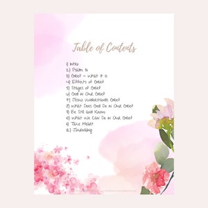 Puede incluir: Un fondo de acuarela rosa y verde con una tabla de contenidos para un cuaderno de trabajo sobre el duelo. La tabla de contenidos incluye temas como "Introducci&oacute;n", "Salmo 31", "Duelo - qu&eacute; es", "Efectos del duelo", "Etapas del duelo", "Dios en nuestro duelo", "Jes&uacute;s comprende el duelo", "Qu&eacute; hace Dios en nuestro duelo", "Estate quieto y conoce", "Qu&eacute; podemos hacer en nuestro duelo", "An&iacute;mate", y "Diario".