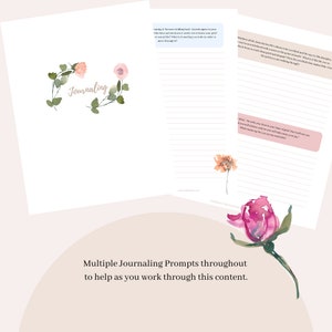 Puede incluir: Una p&aacute;gina de indicaciones para el diario con un dise&ntilde;o floral de acuarela. La p&aacute;gina incluye el texto "Journaling" y una cita de la Biblia, Mateo 26:38. La p&aacute;gina est&aacute; dise&ntilde;ada para ayudar a los usuarios a superar su dolor.