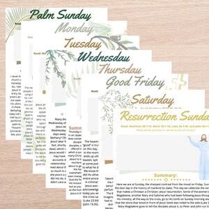 May include: A printable set of cards with a floral design, each card representing a day of Holy Week. The cards feature the days of the week, such as Palm Sunday, Monday, Tuesday, Wednesday, Thursday, Good Friday, Saturday, and Resurrection Sunday. Each card has a title and a reading suggestion.