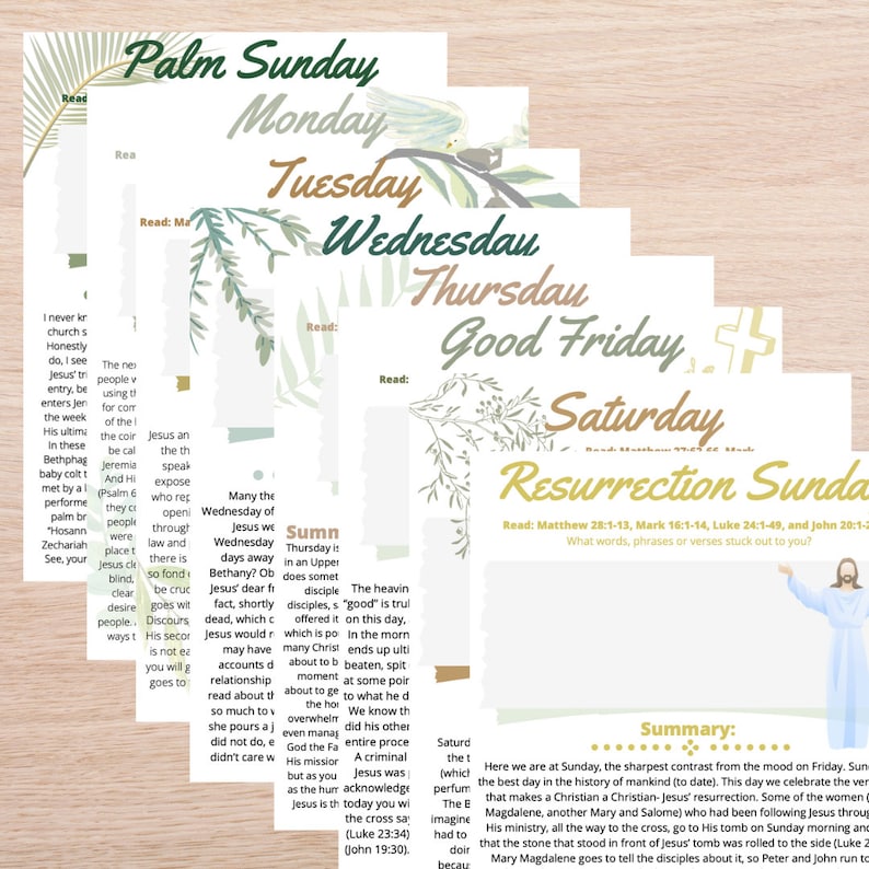 May include: A printable set of cards with a floral design, each card representing a day of Holy Week. The cards feature the days of the week, such as Palm Sunday, Monday, Tuesday, Wednesday, Thursday, Good Friday, Saturday, and Resurrection Sunday. Each card has a title and a reading suggestion.