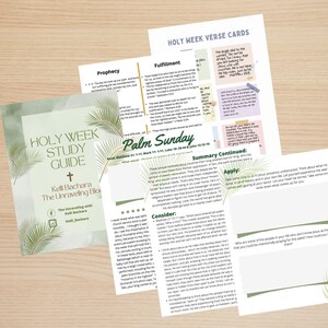 May include: A close-up of a study guide for Holy Week with the title "The Unraveling Blood" and a cross symbol. The guide is printed on a white background with green palm leaves in the background.