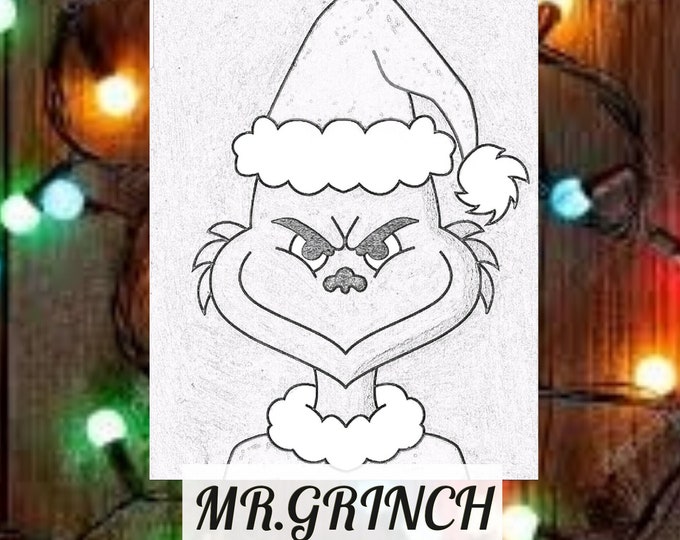 Featured listing image: The Grinch, Christmas Sip and Paint, Kids Paint and Sip Kit, Pre Drawn Outlined Canvas, Sip and Paint, How the Grinch Stole Christmas