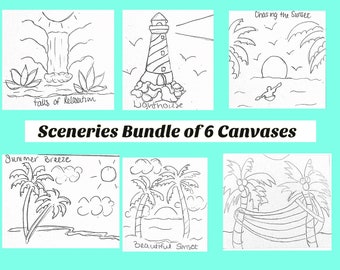 Sip and Paint Canvas Kit: 6 Pre-Drawn Scenery Canvases