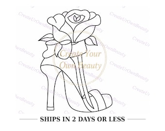 Puede incluir: Una ilustración de arte lineal en blanco y negro de una sandalia de tacón alto con una gran flor de rosa unida a la correa del tobillo. El diseño incluye un tacón fino y una correa delantera. Se ve una marca de agua circular con el texto Create Your Own Beauty.