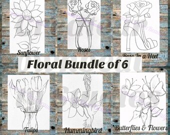 Sip and Paint Canvas Kit: 6 färdigritade blomsterkonturer