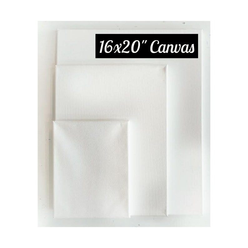 Puede incluir: Tres lienzos blancos de diferentes tama&ntilde;os, el m&aacute;s grande est&aacute; etiquetado como "16x20" Lienzo.