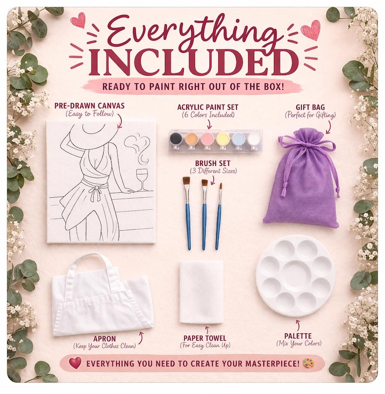 May include: A paint-by-numbers kit including a pre-drawn canvas, acrylic paints, brushes, apron, paper towel, palette, and gift bag. The canvas shows a woman in a hat. Text reads "Everything Included" and "Ready to Paint Right Out of the Box!"