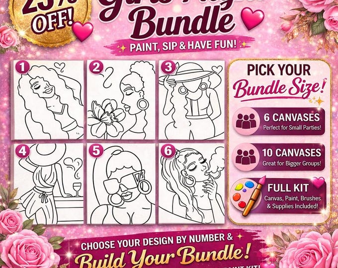 Featured listing image: Paint and Sip Kit for Adults | Girls Night Bundle | DIY Paint Party Kit | Black Girl Art Canvas | Bachelorette Birthday Party Activity