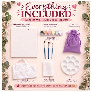 May include: A painting kit containing a white pre-drawn canvas, a set of six acrylic paints, three paintbrushes with blue handles, a purple drawstring gift bag, a white apron, a white paper towel, and a white circular paint palette.