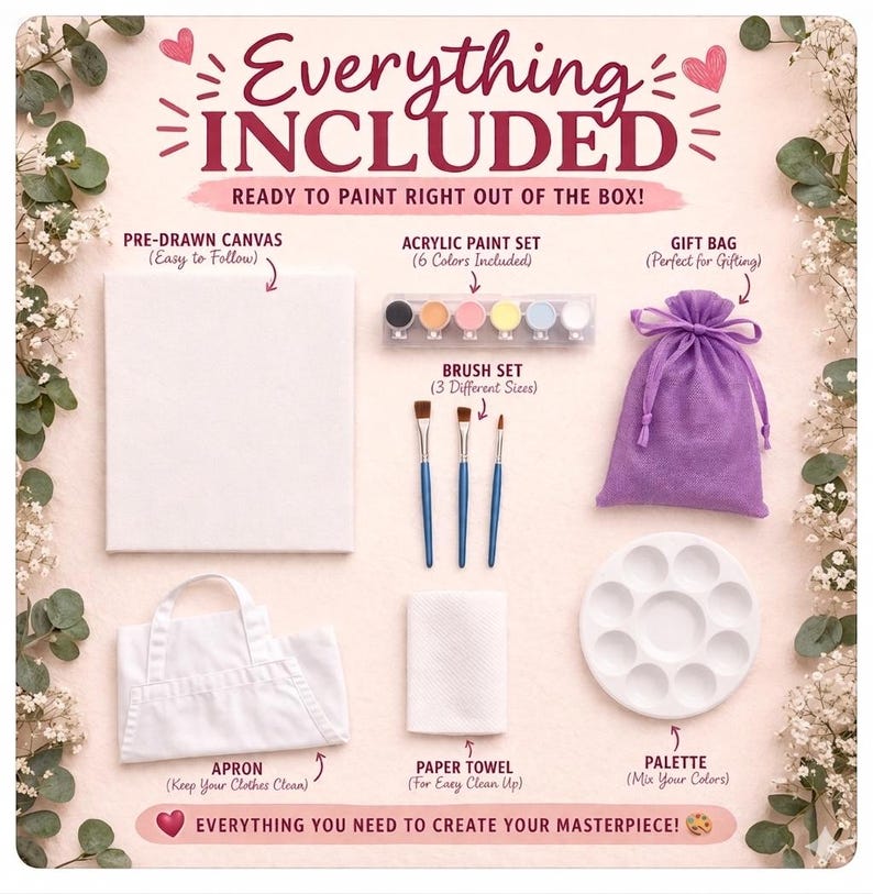 May include: A painting kit containing a white pre-drawn canvas, a set of six acrylic paints, three paintbrushes with blue handles, a purple drawstring gift bag, a white apron, a white paper towel, and a white circular paint palette.
