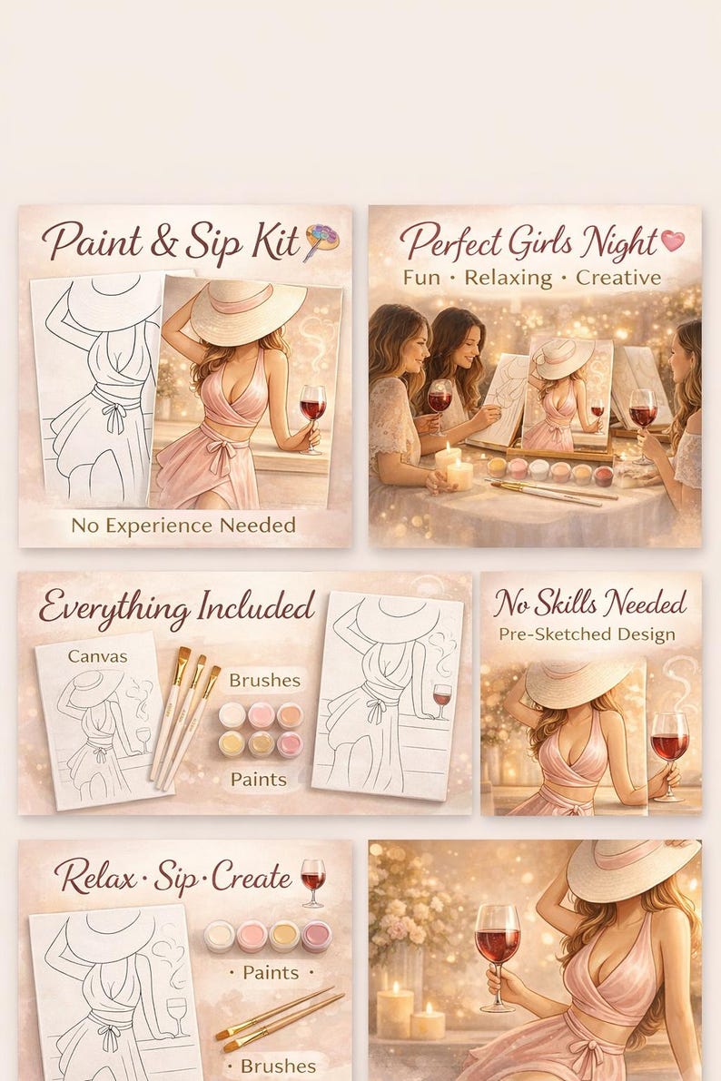 May include: Paint and Sip Kit with pre-sketched design. The kit includes canvas, brushes, and paints. The image shows a woman in a pink dress holding a glass of wine. Text on the image says "Perfect Girls Night" and "Relax, Sip, Create."