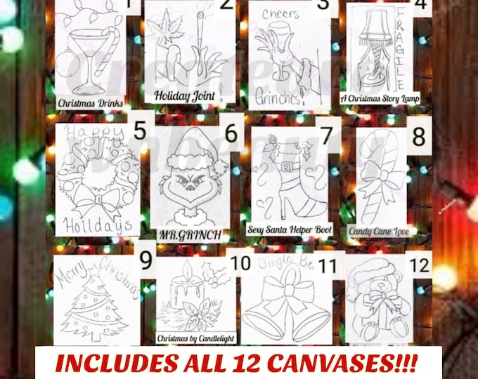 Featured listing image: 12 Christmas Paint and Sip Canvas, Christmas Crafts, Sip and Paint Kit, Paint Party, Adult Paint Canvas, Kids Paint Kit, Bulk Canvas