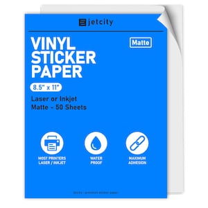 May include: A blue package of 8.5" x 11" matte vinyl sticker paper. The package says "Laser or Inkjet, Matte - 50 Sheets". It also has icons for "Most Printers Laser/Inkjet", "Water Proof", and "Maximum Adhesion".
