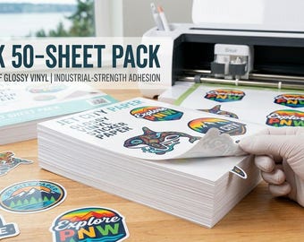 Bulk 50 Pack - Waterproof Glossy Vinyl Sticker Paper - 8.5x11 Inkjet & Laser Printable - High Shine Decal Paper