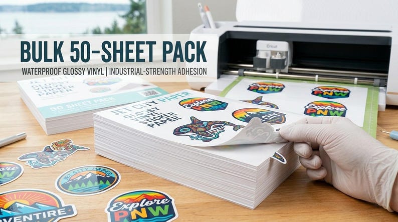 May include: A stack of white vinyl sticker paper sheets with the text "BULK 50-SHEET PACK" and "WATERPROOF GLOSSY VINYL | INDUSTRIAL-STRENGTH ADHESION". The image shows a person peeling a sticker from the stack. Colorful stickers with nature-themed designs are scattered around.