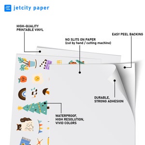 May include: White printable vinyl sheet with colorful illustrations of various objects, including a Christmas tree, an orange, and a rainbow. The sheet features the text "HIGH-QUALITY PRINTABLE VINYL", "WATERPROOF, HIGH RESOLUTION, VIVID COLORS", and "EASY PEEL BACKING".