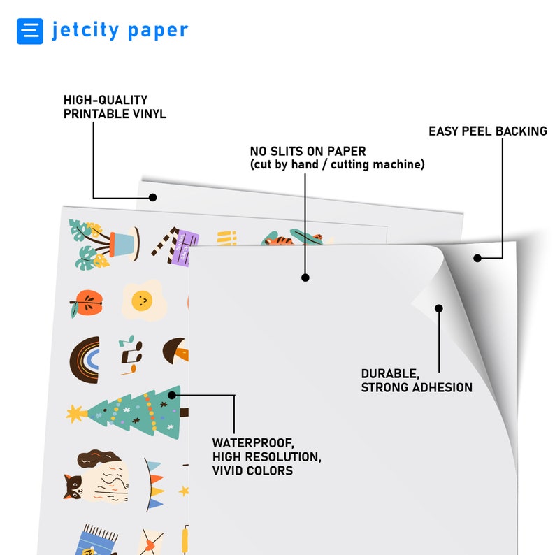 May include: White printable vinyl sheet with colorful illustrations of various objects, including a Christmas tree, an orange, and a rainbow. The sheet features the text "HIGH-QUALITY PRINTABLE VINYL", "WATERPROOF, HIGH RESOLUTION, VIVID COLORS", and "EASY PEEL BACKING".