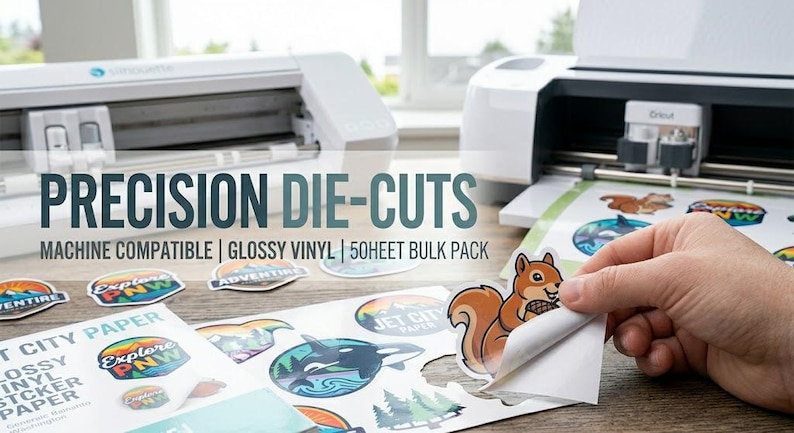 May include: White die-cut machines with printed sticker sheets. The stickers feature colorful designs, including a squirrel, mountains, and ocean scenes. Text on the image reads "PRECISION DIE-CUTS" and "MACHINE COMPATIBLE | GLOSSY VINYL | 50HEET BULK PACK."