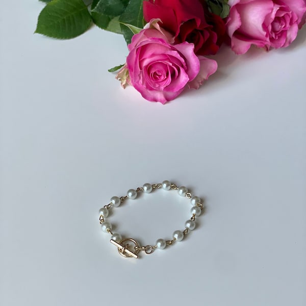 Handmade Beaded Pearl Bracelet, Toggle Clasp