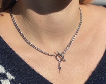 Handmade Lightning Bolt Necklace, Stainless Steel Chain, Silver Chain Necklace, Waterproof Necklace, Front Toggle Necklace