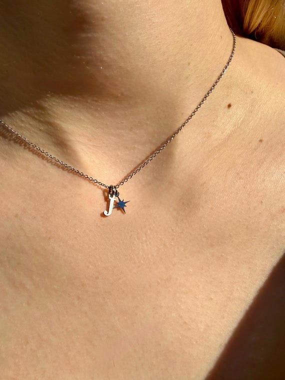 Celestial Initial Necklace, Stainless Steel Letter Charm, Minimalist Star Jewelry