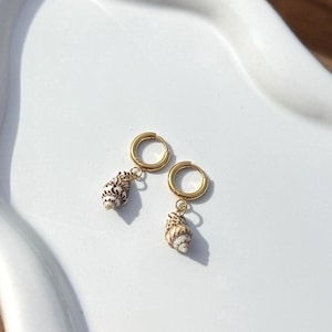 Puede incluir: Un par de pendientes de aro dorados con pequeños colgantes de conchas marinas naturales. Las conchas son de color crema, marrón y beige, y los pendientes se muestran sobre una superficie blanca.