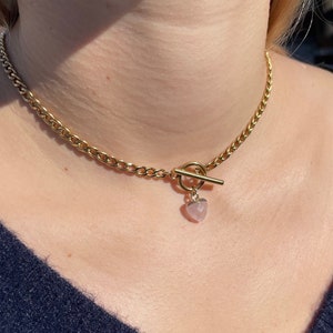 Handmade Rose Quartz Heart Necklace: Gold Stainless Steel Toggle Chain