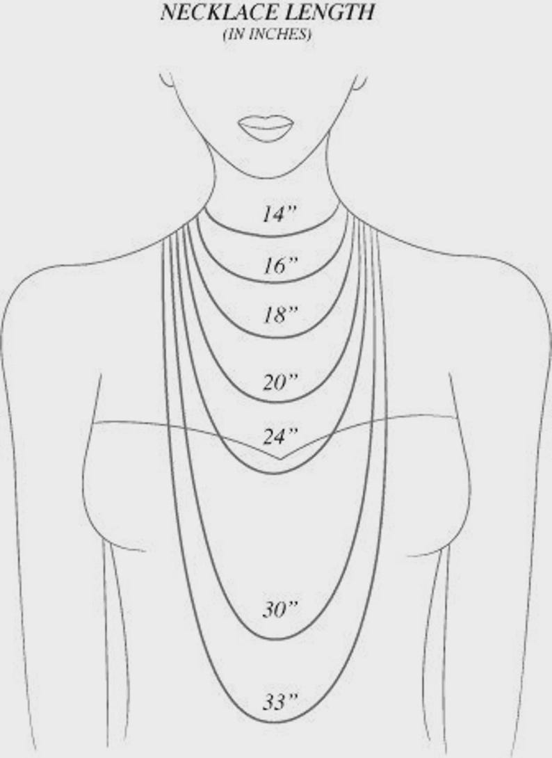 May include: Diagram illustrating necklace lengths, ranging from 14 inches to 33 inches, displayed on a person's silhouette. The image includes text indicating the necklace lengths in inches, providing a visual guide for choosing the right size.