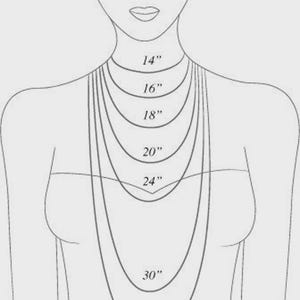May include: Illustration showing necklace lengths on a person. The image displays various necklace lengths, from 14 inches to 33 inches, with the text "NECKLACE LENGTH (IN INCHES)" at the top. The necklaces are shown in a range of sizes.