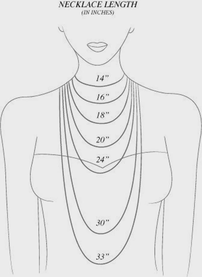 May include: Illustration showing necklace lengths on a person. The image displays various necklace lengths, from 14 inches to 33 inches, with the text "NECKLACE LENGTH (IN INCHES)" at the top. The necklaces are shown in a range of sizes.