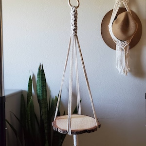 Macrame Plant Hanger Shelf: Boho Home Decor with Pine Wood Round