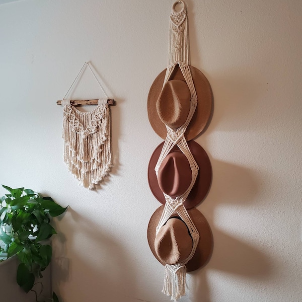 Triple Macrame Hat Hanger, hat rack, boho hat rack, christmas macrame, hat storage, home decor, rustic