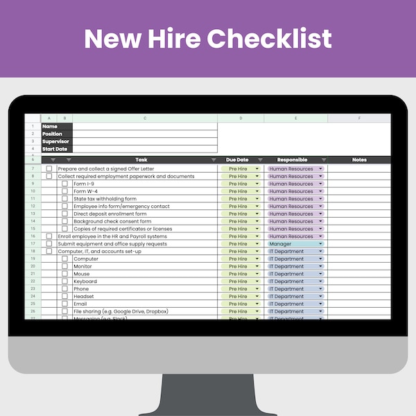 New Hire Checklist | Instant Access Google Sheet | New Employee Checklist | New Employee Orientation Checklist