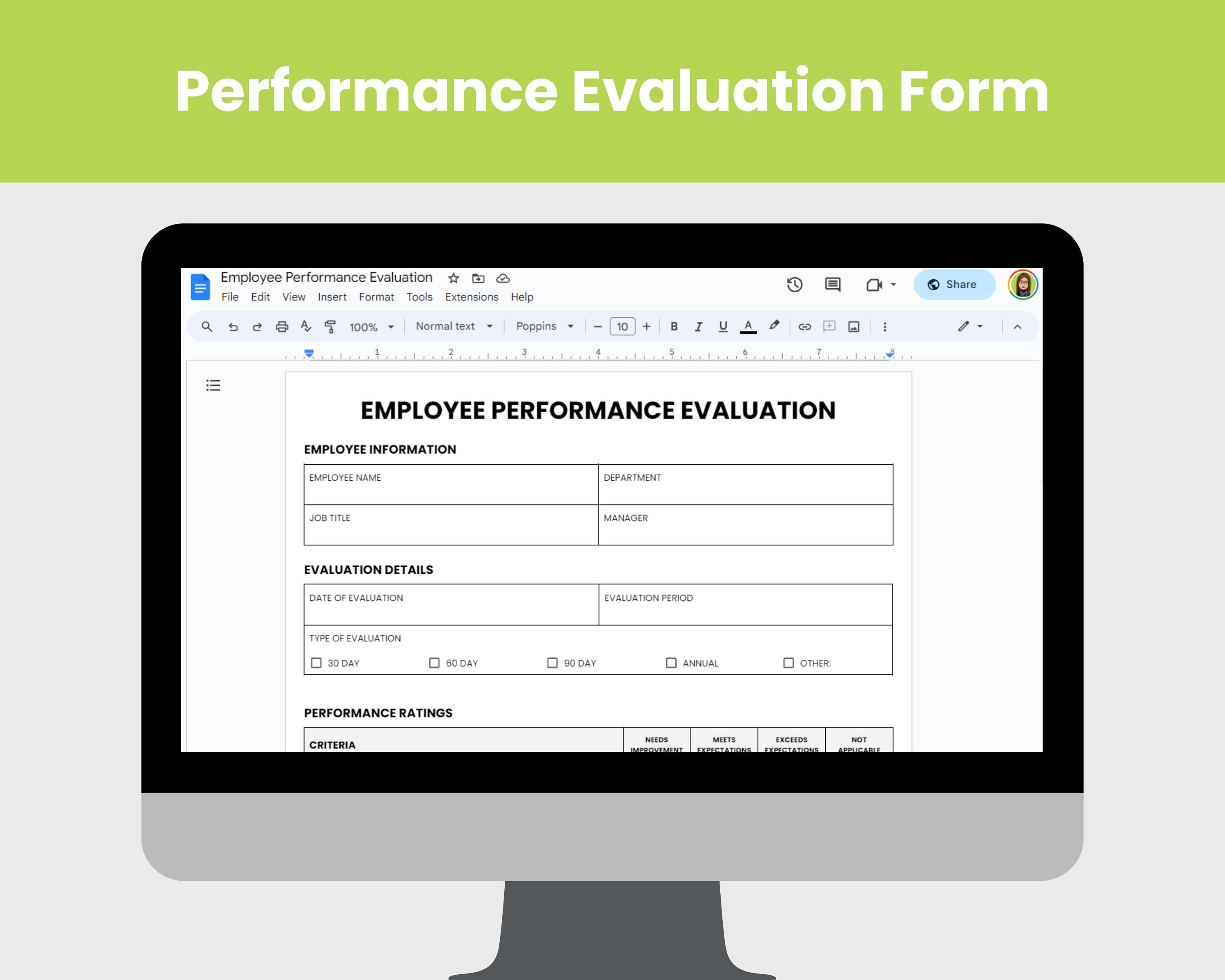 Performance Review Form: Employee Evaluation Google Doc Template (US ...
