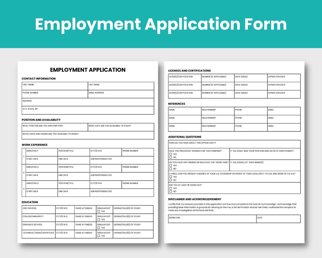 Employment Application Form Instant Download HR Template Etsy