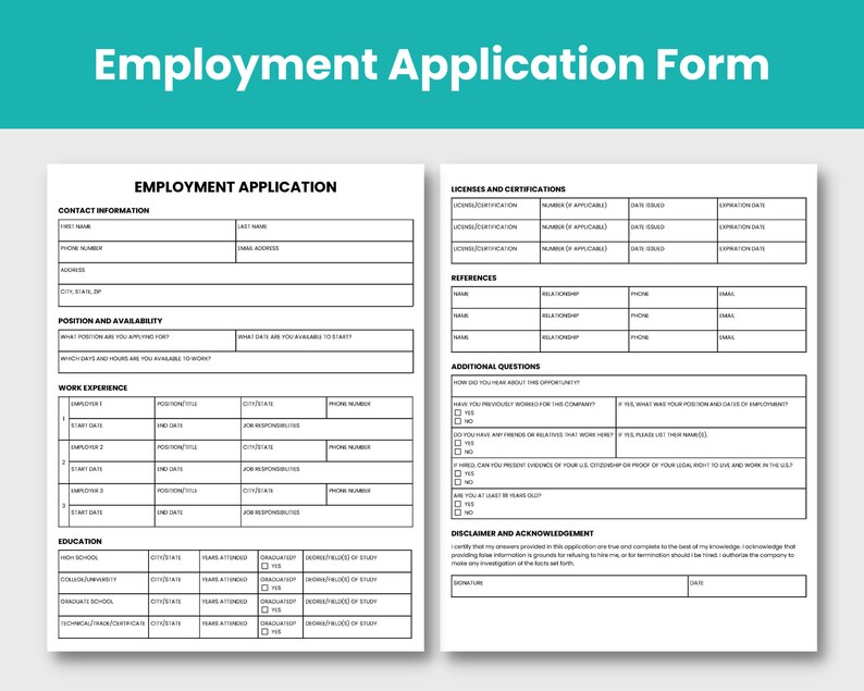 Employment Application Form Instant Download HR Template Etsy